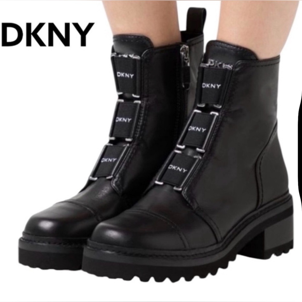 DKNY Black Leather‎ Branded Strap Lug Sole Ankle BootsSize 9